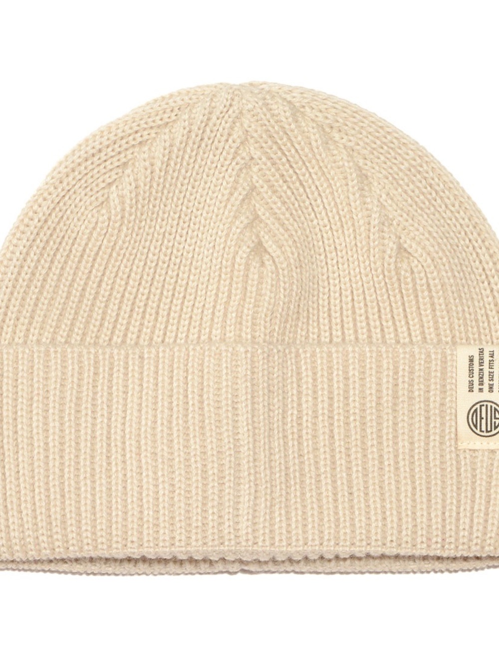 Deus Ex Machina Ribbed Knit Oscar Beanie in Cream with Subtle Logo Patch